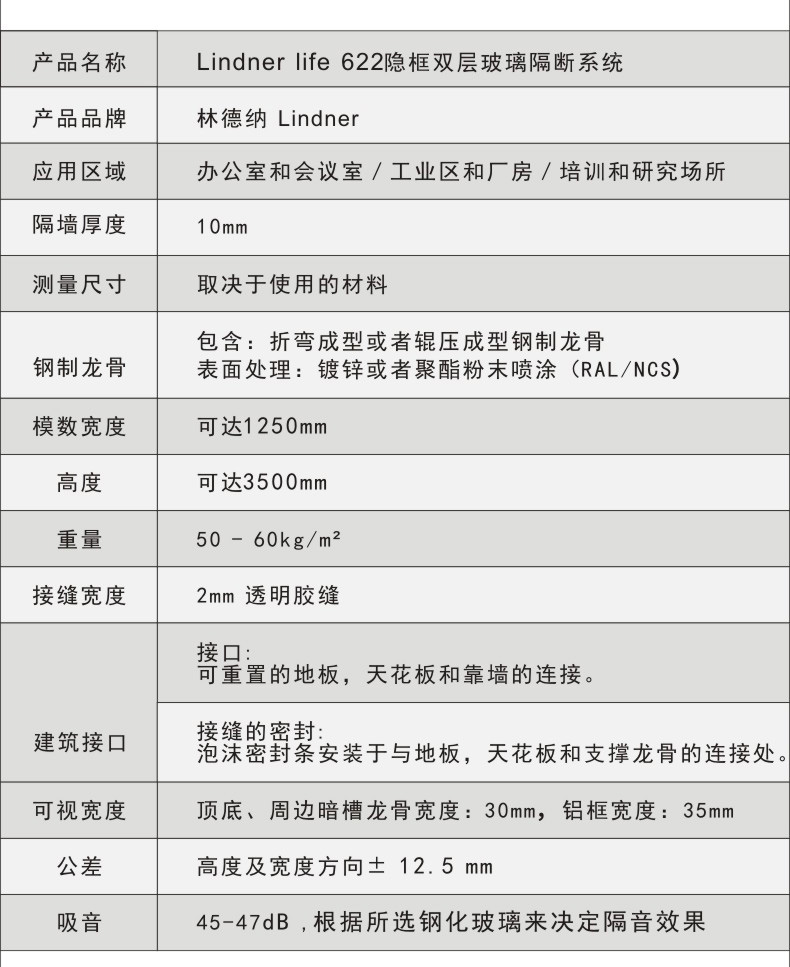林德納雙層玻璃隔斷參數(shù)